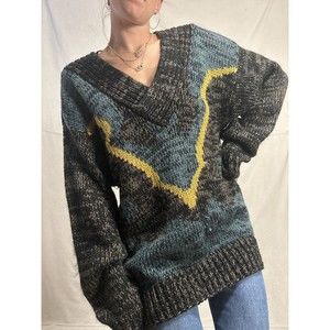 Vtg Front Line Acrylic Thick Knit Pullover Sweater Size XLarge Yellow Blue